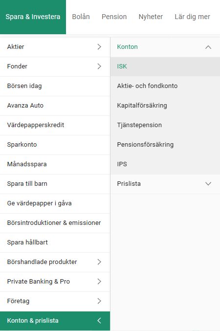 Navigera till öppna ISK-konto på Avanza.